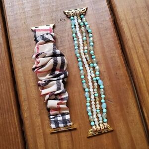 New Set Of 2 Iphone apple watch bands - sparkly blue beaded and plaid scrunchie
